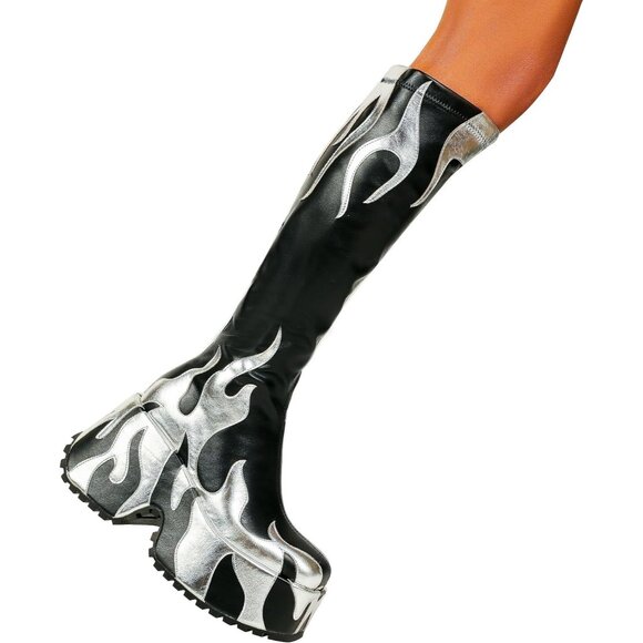 Women’s Synthetic Black Side Zipper High Heeled Flames Printing Chunky Sole Boot - Picture 4 of 6